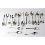 Various silver coffee, tea, grapefruit and mustard spoons comprising a set of six coffee spoons with