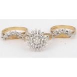 A 9ct gold three-piece diamond cluster bridal set comprising a central ring with a large floral