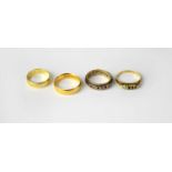 A 22ct yellow gold wedding band, size L, 4.77g, two 18ct gold rings, combined approx. 5.68g and a