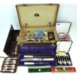 Various silver plate and costume jewellery to include four cased sets of cutlery, one with