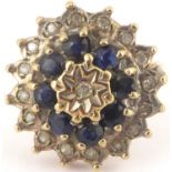 A 9ct gold diamond and sapphire cluster ring, size J, approx. 3.7g.