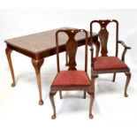 A reproduction burr walnut dining room suite comprising extending table with additional single leaf,