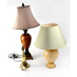 Three table lamps of various form comprising a mottled brown baluster lamp with ornate square