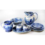 Various blue and white printed pottery including a pair of Spode plates printed with a bear hunt