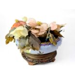 A jade and agate floral display, a pale blue shallow cloisonné bowl and an Oriental hardwood