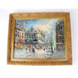 RINER; oil on canvas, Parisian street scene with church belfry in the background, buildings and