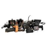 A collection of cameras to include a Canon Eos 1N, a Canon AL1, a Fujica AX1, etc.