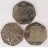 Three modern collectible 2012 Olympics 50p coins comprising The Blue Peter coin, Aquatics (first