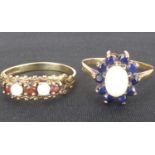 Two 9ct gold rings, comprising a claw set oval white opal surrounded by ten small claw set