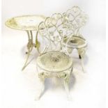 A white-painted aluminium circular garden table, 66 x 69cm, and a similar pair of chairs (3).