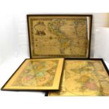 Three modern reproduction coloured world maps, one marked 'Leisure Prints Ltd' lower right, the
