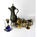 Two boxes of plated ware to include a large Eastern coffee pot, flatware, trays, mugs, goblets,