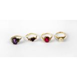Three 9ct gold ladies' dress rings comprising an example set with emerald cut red stone, an
