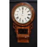 A 19th century mahogany inlaid eight-day wall clock, the white dial set with Roman numerals above