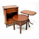 Three pieces of furniture to include a bedside table with shaped top, ring-handled drawer, central