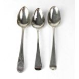 Three hallmarked silver Old English pattern tablespoons, all three initialled and one with bright