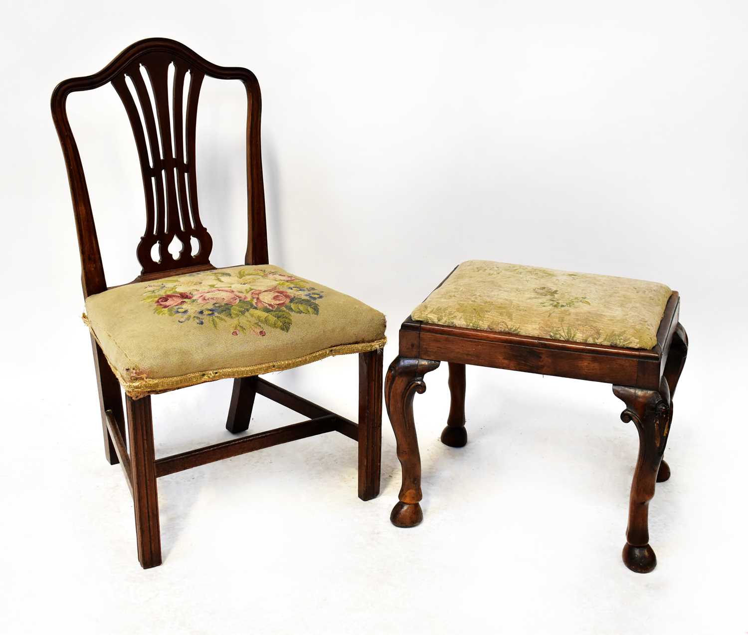 A mid-19th century chair with pierced back, dome top, upholstered seat with stile supports and cross
