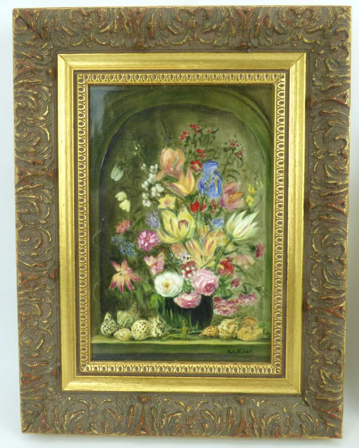 Two mid-20th century painted porcelain panels, both depicting still life flowers painted on opaque - Image 2 of 5
