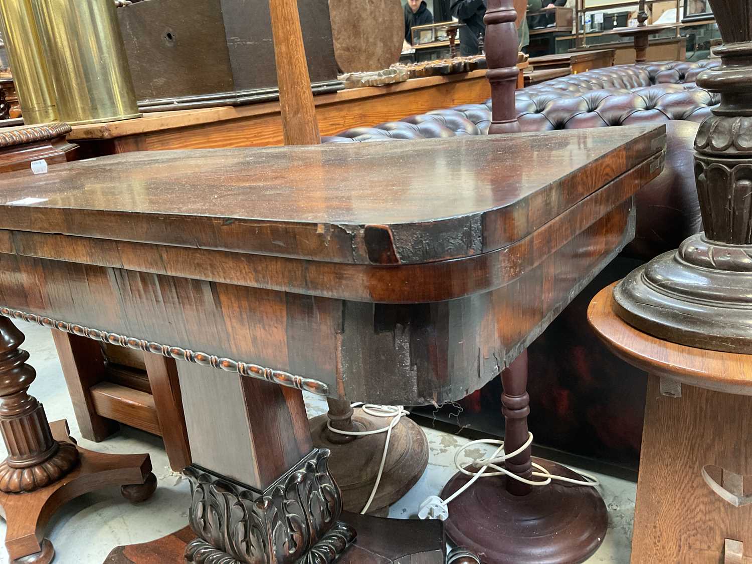 A Victorian rosewood fold-over table to rectangular column support with carved acanthus leaf - Image 5 of 8