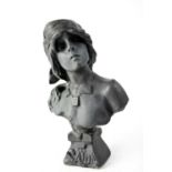 A black glazed hand cast Nostalgia bust of a young woman with impressed name 'E. Vilani' to the