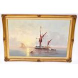 L. ALEXIS; oil on canvas, idyllic maritime scene of sailing ships at sunset, with fishing boats in