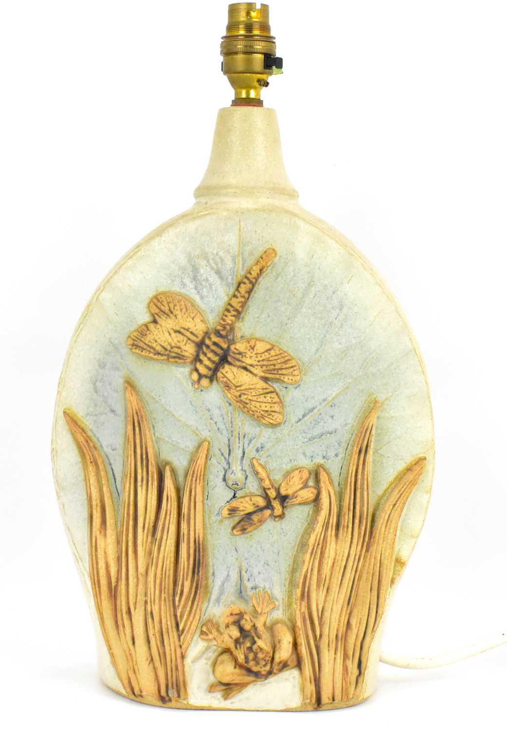 BERNARD ROOKE; a large studio pottery table lamp of leaf shape, with applied decoration of - Image 2 of 2