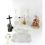 An eclectic lot to include vintage pressed glass dressing table tray, trinket pots, powder bowls,