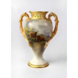 ROYAL WORCESTER; a twin-handled baluster vase painted with Highland cattle, signed John Stinton