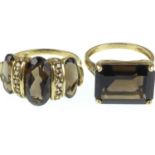 Two 9ct gold rings, one with corner claw set smoky quartz and tiny white stone shoulders, size Q,