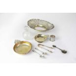 A mixed lot of silver, plate and glassware comprising a silver napkin ring, a pair of silver sugar