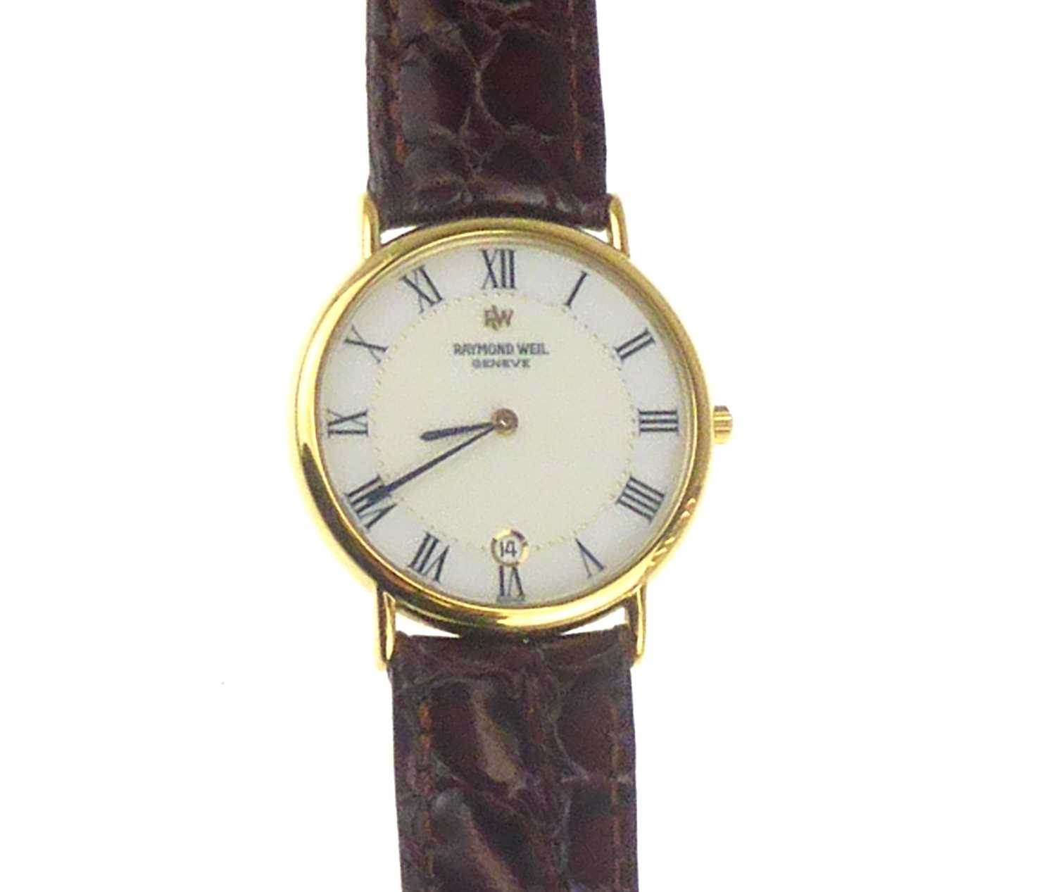 RAYMOND WEIL; a gentlemen's Genève wristwatch, the white enamelled dial set with Roman numerals