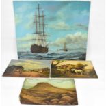 Four mixed oil paintings, comprising Ambrose; oil depicting galleons on choppy waters, signed