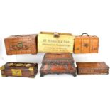 Five vintage wooden boxes, comprising a mahogany example in the form of a casket, one in the form of