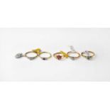 Five 9ct gold rings, variously set with diamonds, rubies and emeralds, all hallmarked, combined