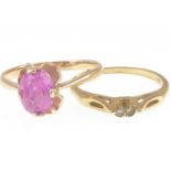 A 9ct gold dress ring, one with claw set pink oval stone, size R, approx. 2.5g and a 14ct ring set