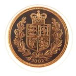 An Elizabeth II 2002 sovereign, shield back, proof blister pack, with certificate of authenticity