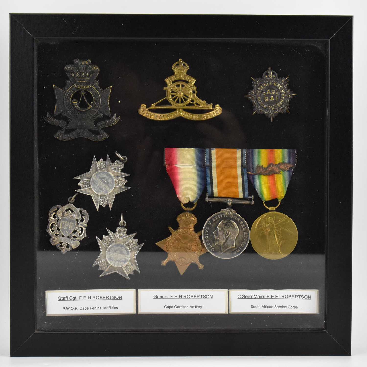 SOUTH AFRICAN CAMPAIGN; a framed display of medals to include Defence, War and 1914-15 Star, cap - Image 2 of 2