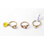 Three 9ct gold rings, one set with heart-shaped opal, rubies and pearls, the other two with single