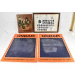 OSRAM; two advertising chalkboards, each 60.5 x 40cm, an oil painting on board depicting a man