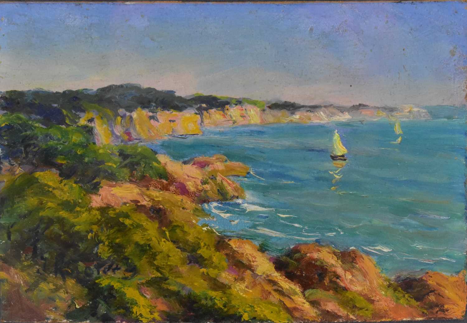 INDISTINCTLY SIGNED (British, 20th century); oil on board, sailboats off coastline, signed lower - Image 3 of 4