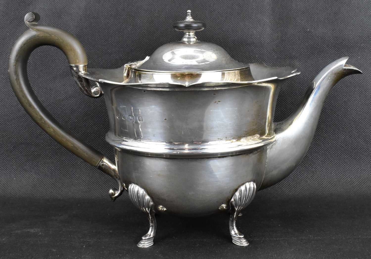 A George V hallmarked silver three-piece tea service with ebony-style handle and circular knop, - Image 3 of 8