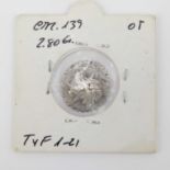 A Roman Republican denarius coin, diameter approx. 1.8cm, in a collectors' issue blister pack.