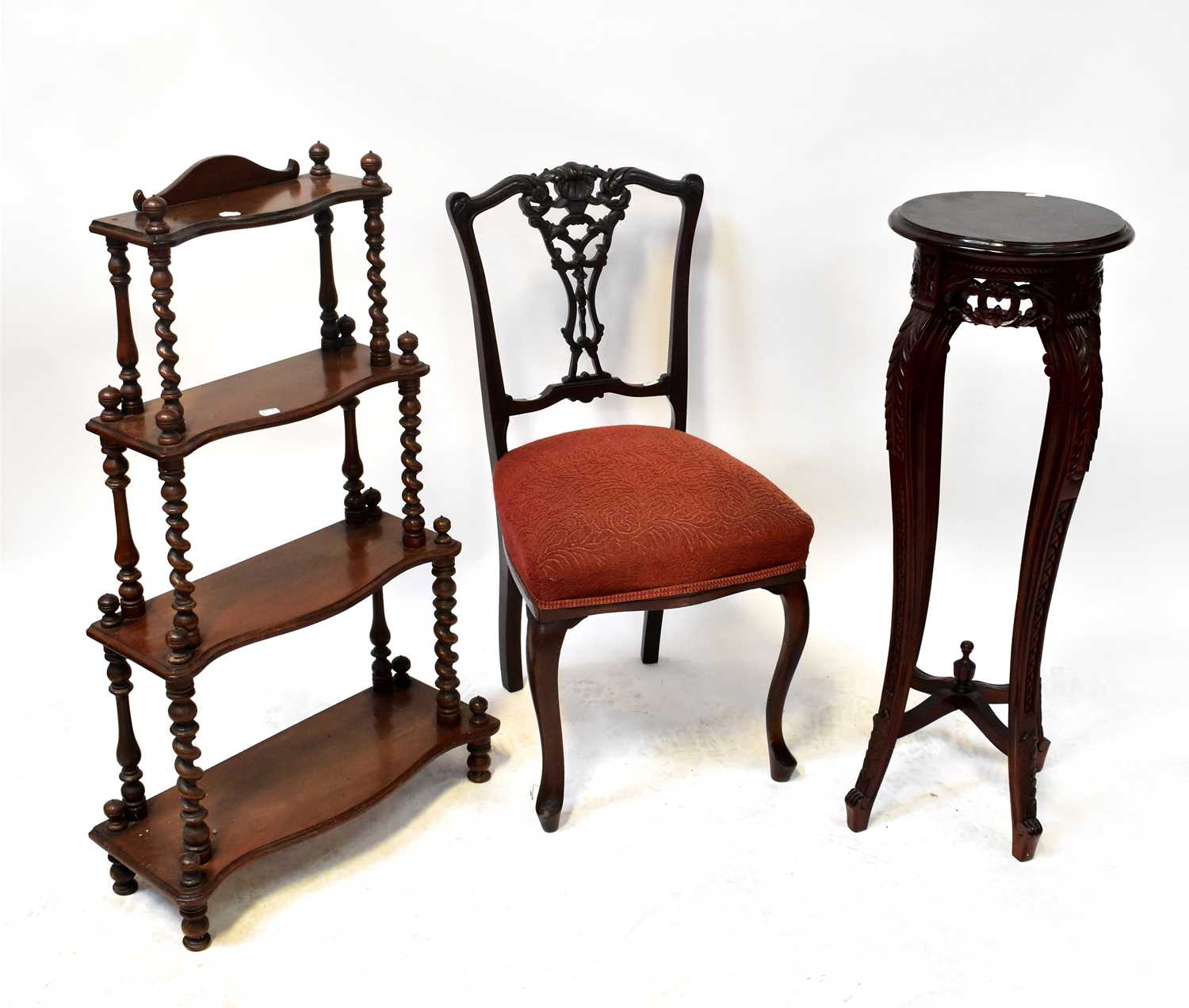 A reproduction mahogany jardinière stand, a mahogany four-tier serpentine front waterfall whatnot