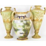 NORITAKE; a pair of large conical vases profusely decorated with gilt patterns, gilt mountain and