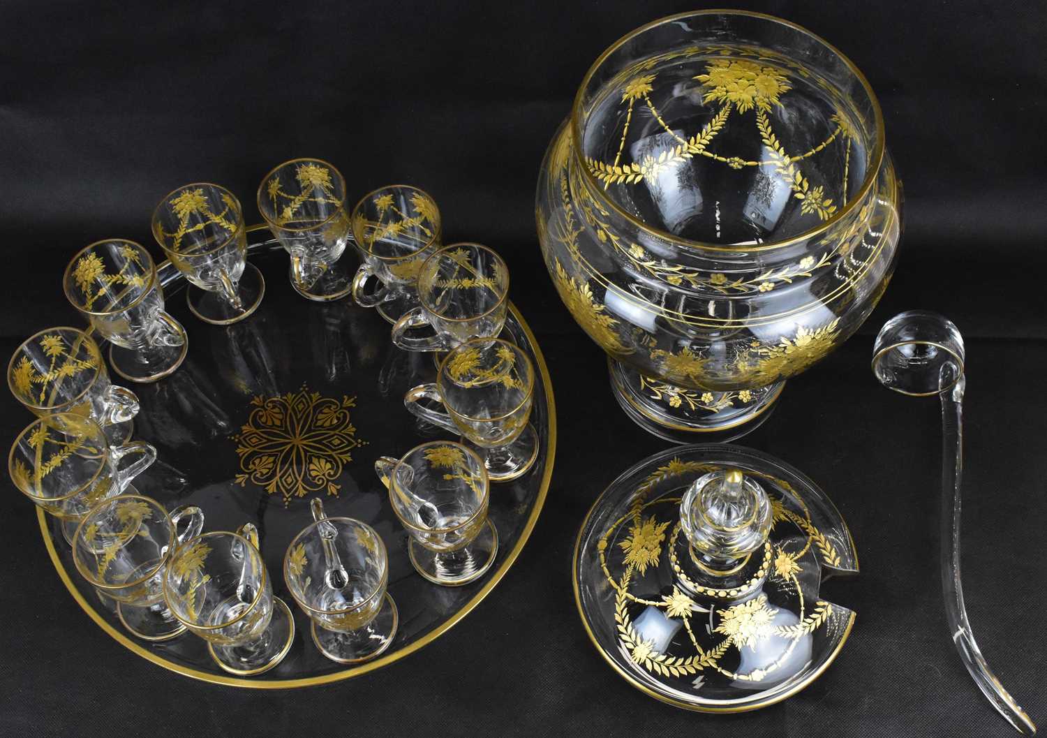 A late 19th/early 20th century lidded punch bowl, height 46cm, ladle, tray, diameter 38cm, and - Image 4 of 8