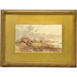 INDISTINCTLY SIGNED; 19th century watercolour, woman with children by river, house in the