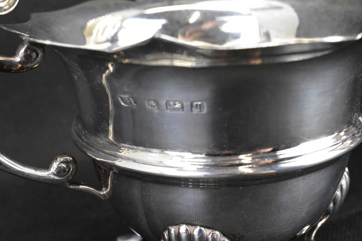A George V hallmarked silver three-piece tea service with ebony-style handle and circular knop, - Image 8 of 8