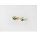 Two 18ct gold emerald and diamond cluster rings, one with bark-effect shank, both stamped 750,
