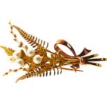 A 9ct gold leaf and seed pearl brooch, length approx. 4.5cm, approx. 6.5g.