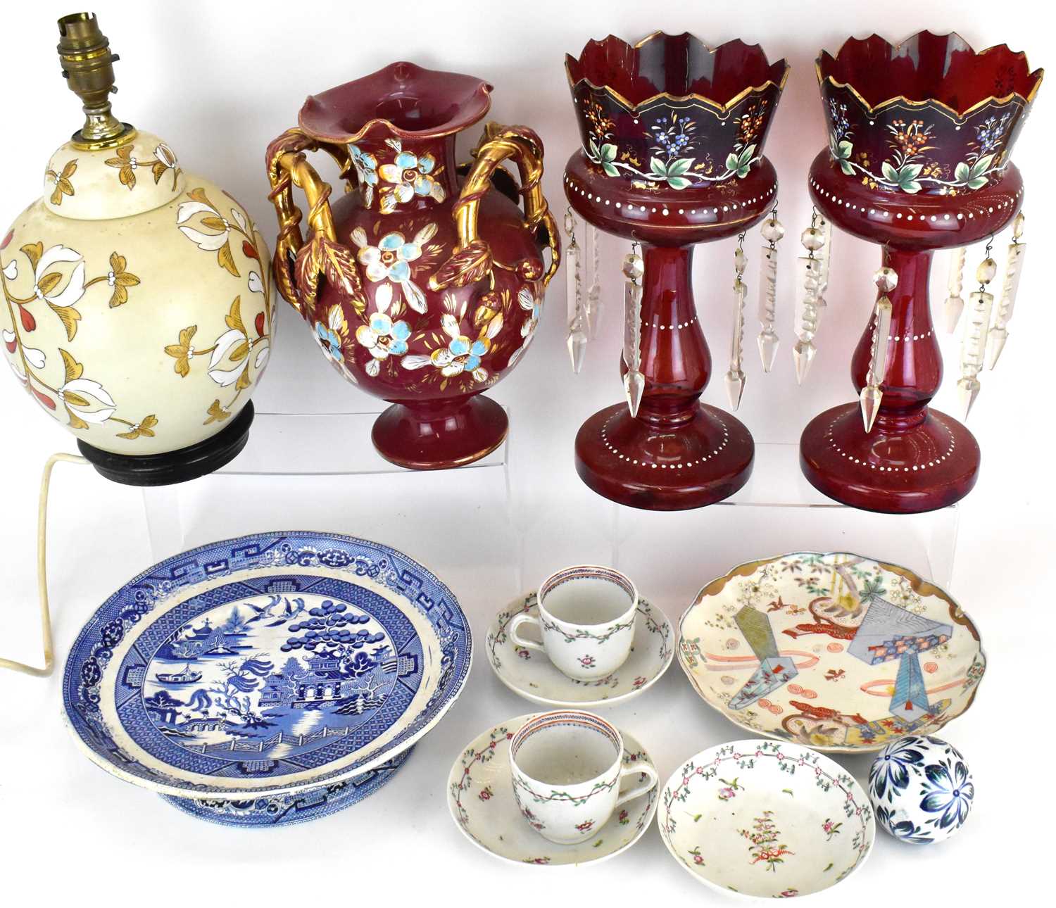 Mixed ceramics and glass to include a pair of Victorian single red lustres with enamelled